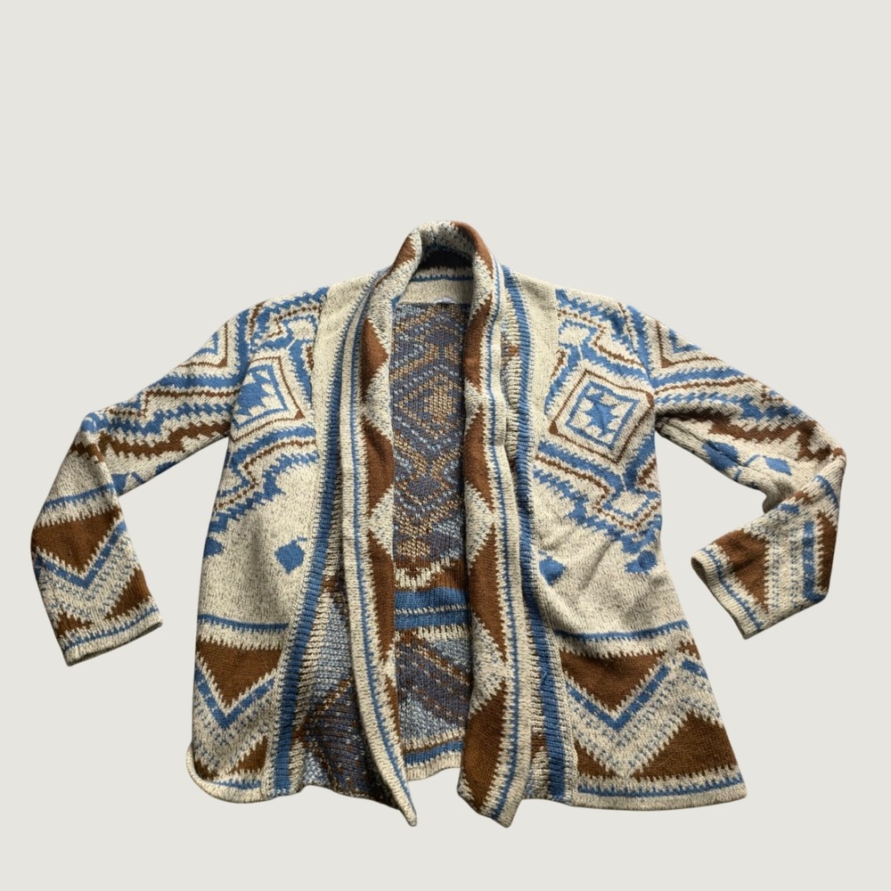 Cardigan S Aztec Geometric Knit Shawl Open Front Blue Brown